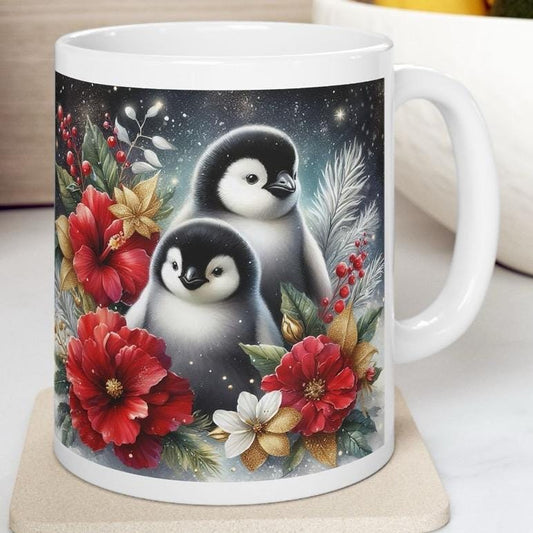 Cute penguins and flowers christmas mug - perfect for your morning drinks - drinkware tumbler coffee reusable cup reuse washable ceramic xma
