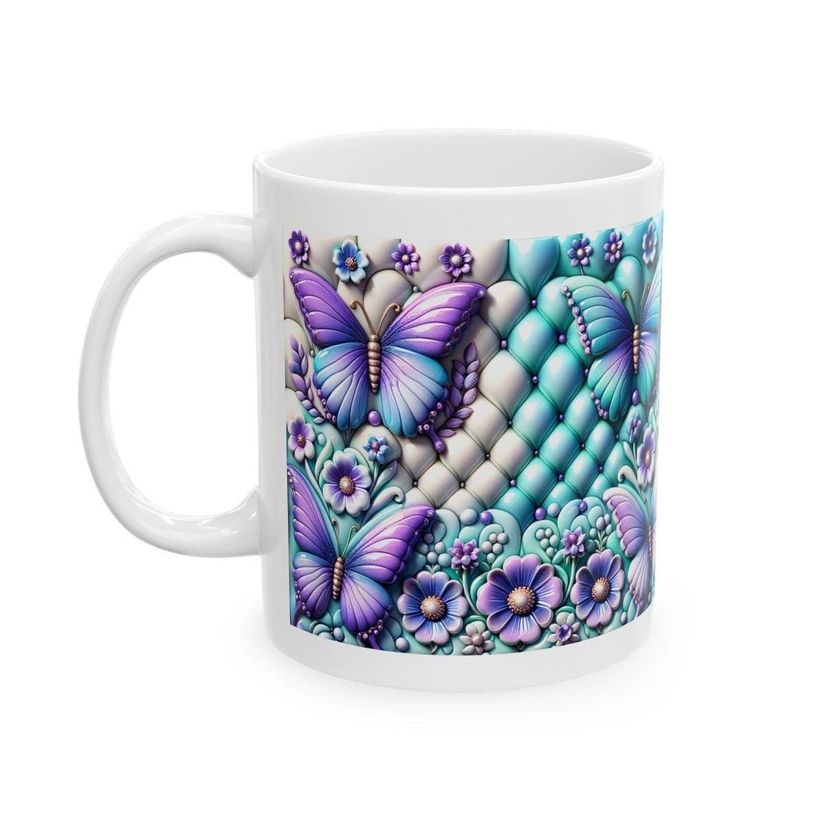 Turquoise purple quilted 3d butterfly mug for hot beverages - drink, drinkware washable reusable cup reuse tumbler coffee ceramic xmas mugs