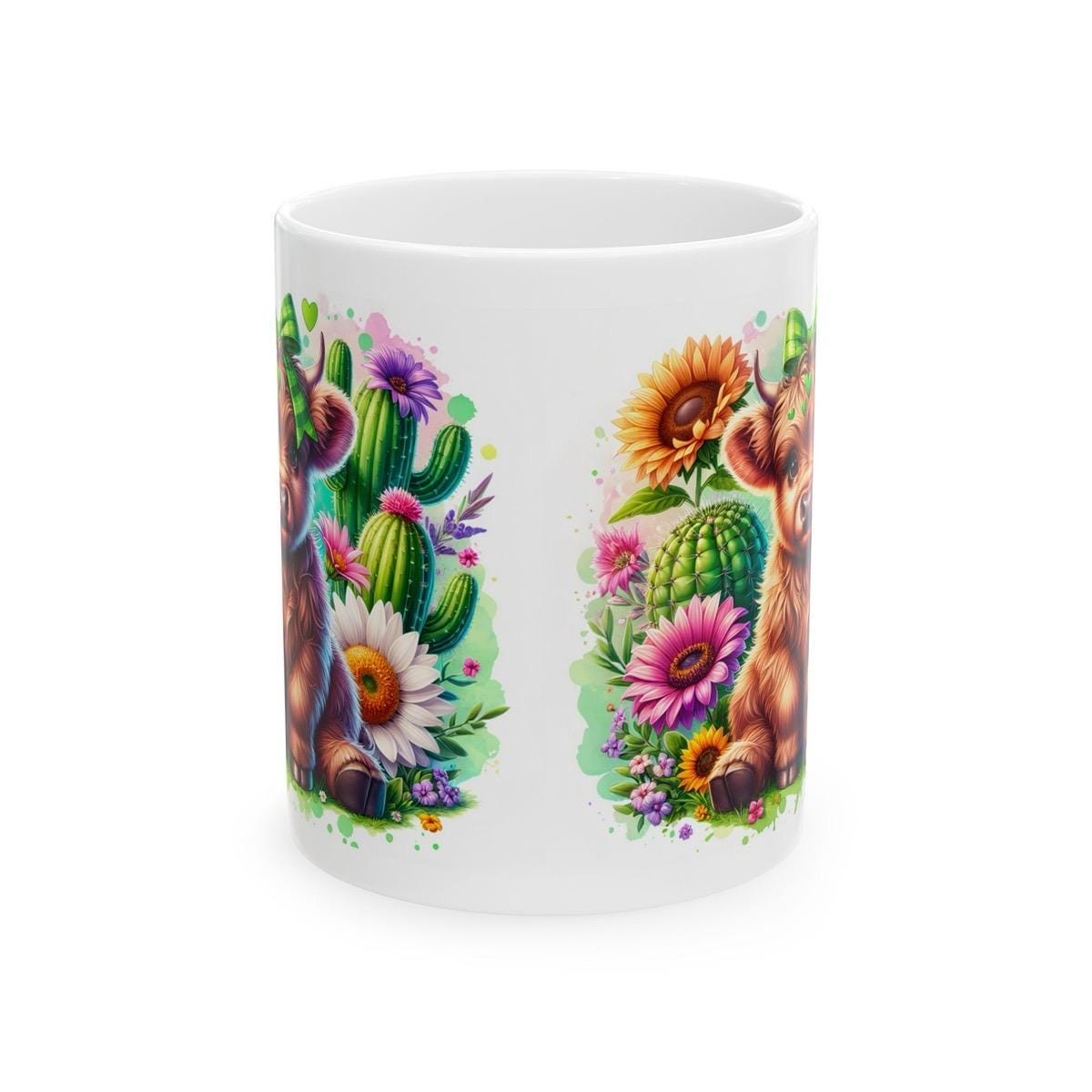 Cute highland cow sitting in garden with cactus and flowers 3d mug - perfect for coffee and tea - drinkware washable tumbler reusable cup re