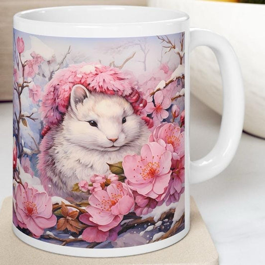 Floral winter cute christmas pink mug - secret santa stocking filler gift drinkware tumbler washable reuse cup reusable coffee ceramic xmas