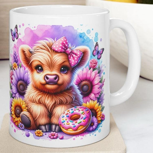 Cute highland cow with donut 3d mug - perfect for your morning drinks - drinkware, washable cup ceramic coffee tumblers reusable reuse xmas