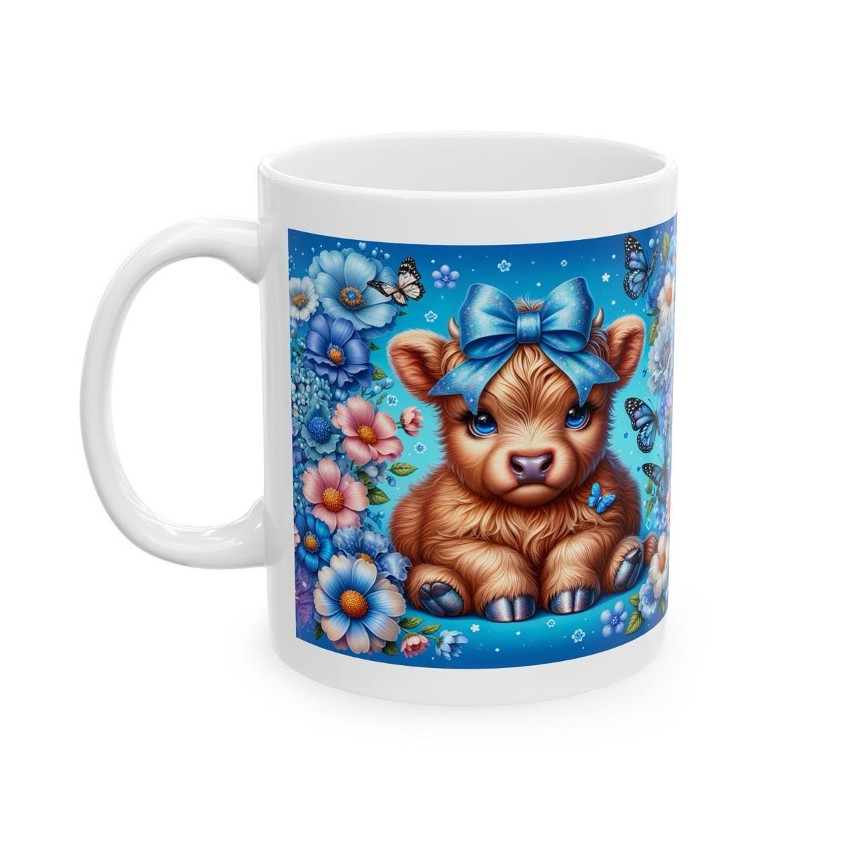 Cute highland cow in blue garden 3d mug - perfect for your morning drinks - drinkware, tumblers washable cup reusable coffee reuse ceramic x
