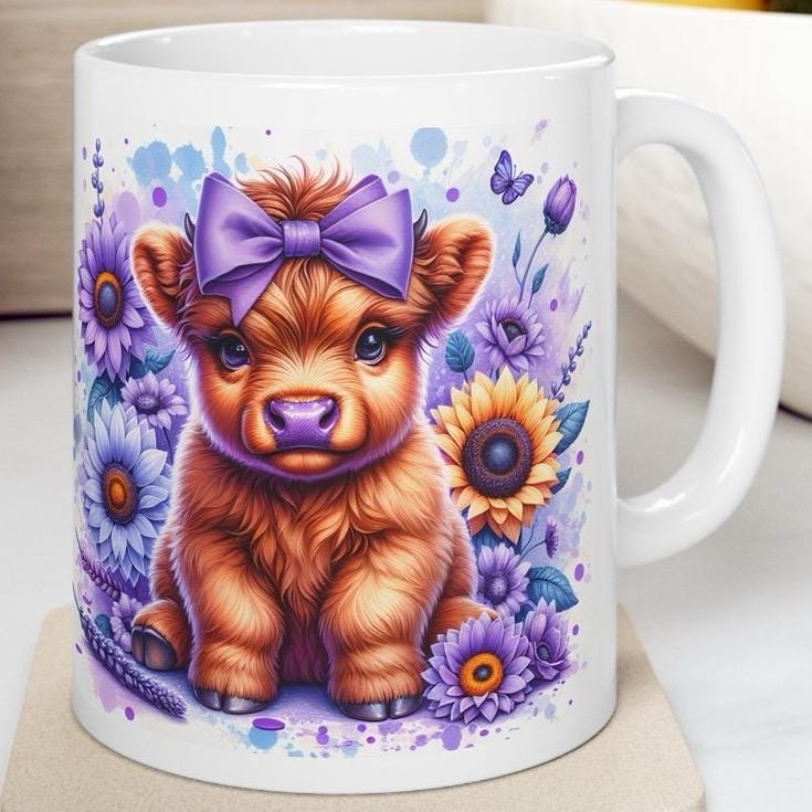 Highland cow in purple flowers 3d mug - perfect for your morning drinks - drinkware washable coffee reusable tumbler reuse ceramic cup xmas