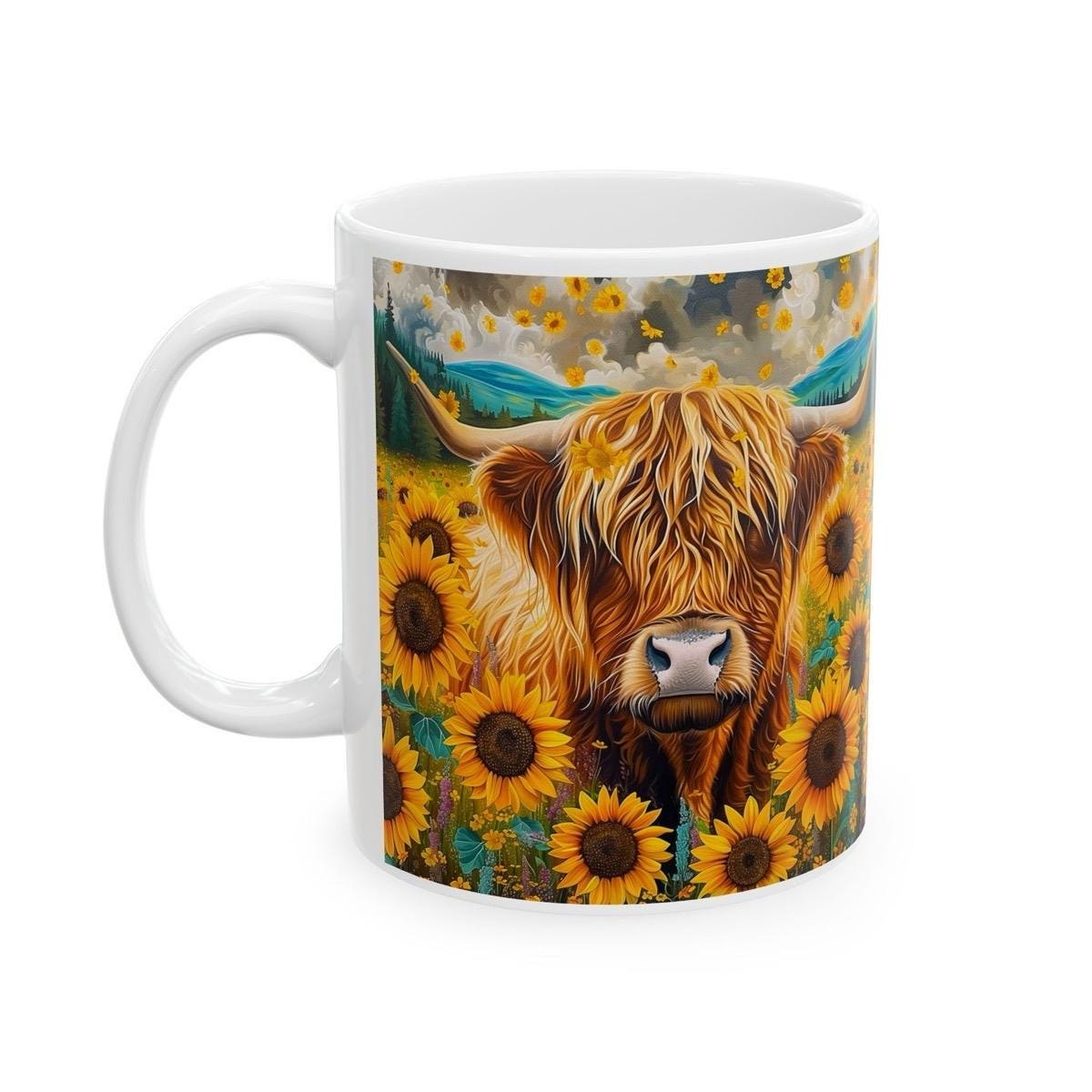 Sunflower highland cow funny cute mug gift for christmas, birthday and xmas drinkware secret santa washable reusable coffee cup reuse tumble