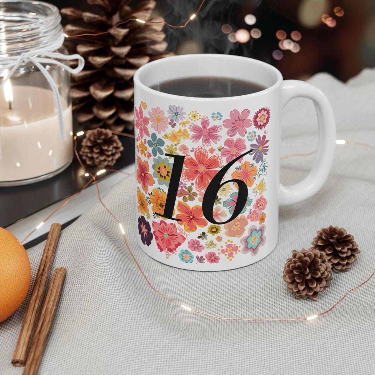 Flowery style 16th birthday mug - perfect gift for any occasion - tumblers, drinkware cup washable ceramic reusable reuse coffee girly cute