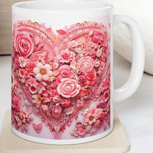 Cute floral valentines heart mug for drinks - drinkware tumbler cup washable reusable reuse coffee ceramic xmas christmas boyfriend girlfrie