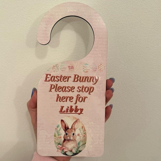 Personalised easter bunny please stop here door hanger door sign for kids - pink/blue - hangable, ornaments, hanging, decoration, decor gift