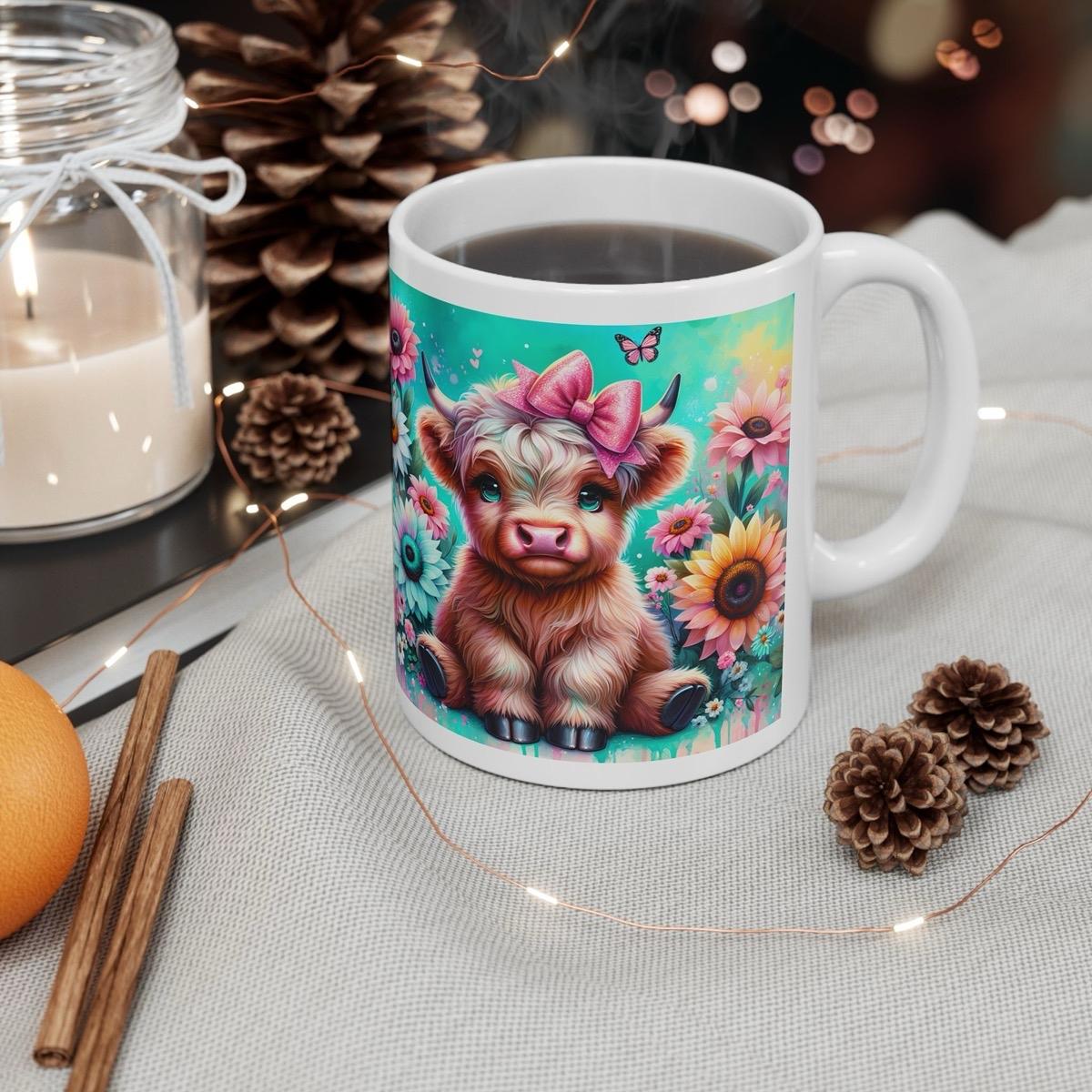 Cute highland cow 3d mug in magical garden - perfect for your morning drinks - drinkware, tumblers washable reusable coffee ceramic reuse cu