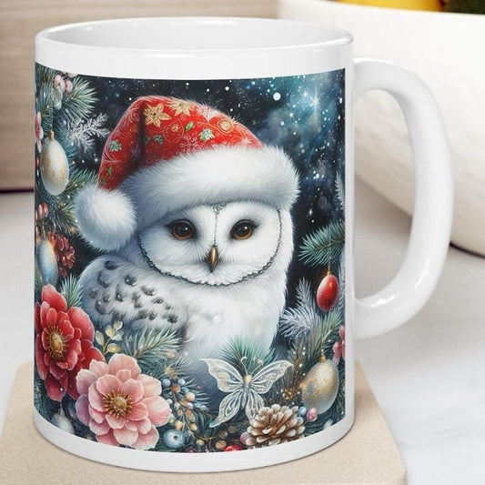 Cute white owl christmas mug - perfect for hot drinks - drinkware, cup tumblers reusable washable coffee ceramic reuse xmas mugs tea festive