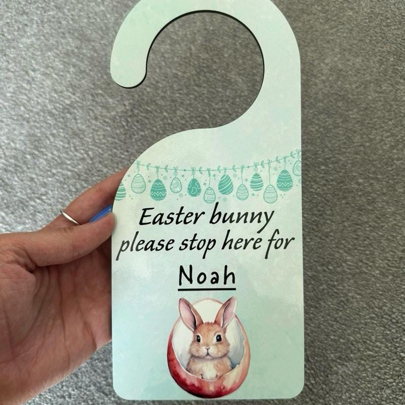 Personalised easter bunny please stop here door hanger for kids - pink/blue - hangable, ornaments, hanging, decoration, decor gift kids gift