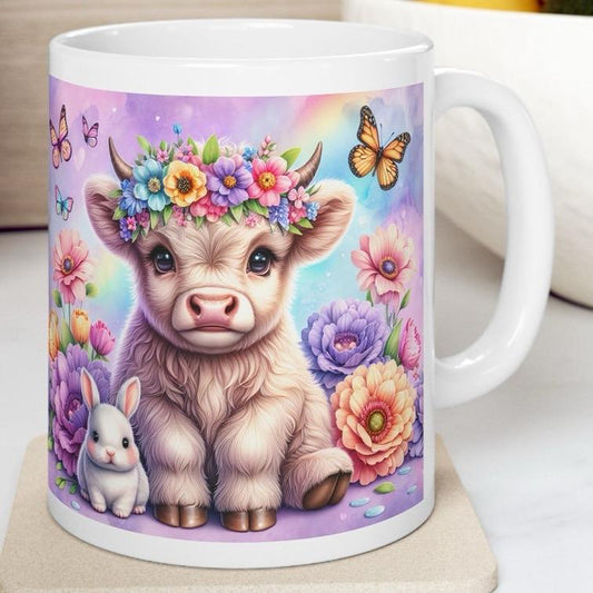 Cute flowery highland cow and bunny rabbit 3d mug - perfect for your morning drinks - tumblers, drinkware reusable washable cup coffee ceram