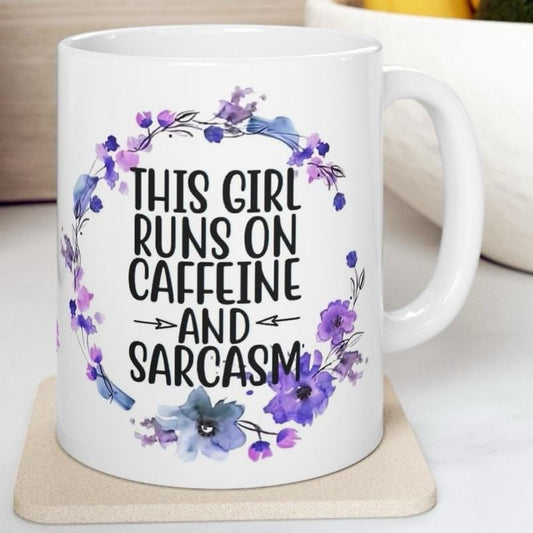 Funny mug sarcastic - gift xmas christmas secret santa stocking filler for girls who run off caffeine and sarcasm drinkware washable reusabl