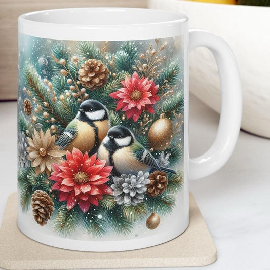 Flower birds christmas mug for hot beverages - drinkware reusable tumbler washable cup reuse coffee ceramic xmas mugs tea festive
