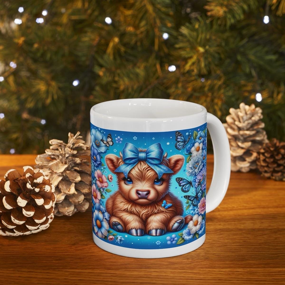 Cute highland cow in blue garden 3d mug - perfect for your morning drinks - drinkware, tumblers washable cup reusable coffee reuse ceramic x