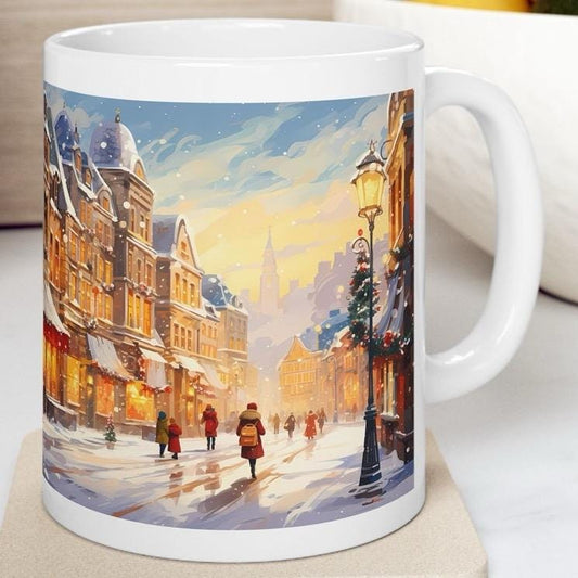 Christmas town village cute mug - secret santa stocking filler gift drinkware washable reuse tumbler reusable ceramic coffee cup neutral mug