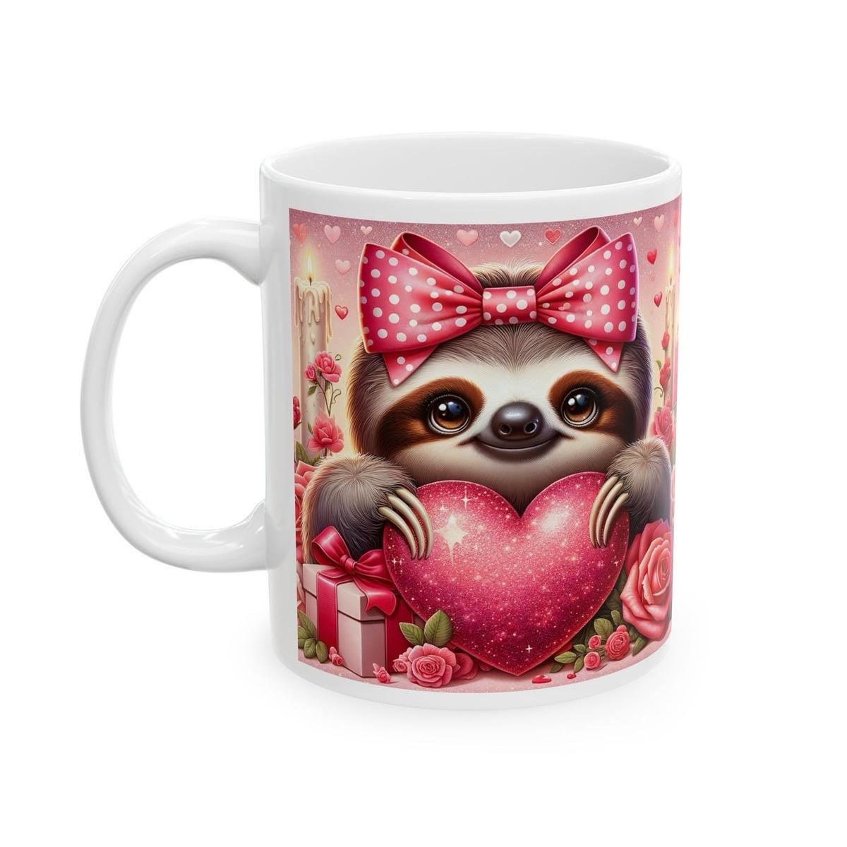Sloth valentines cute mug heart design - perfect for drinks - drinkware, tumblers cup washable reusable ceramic coffee reuse girly valentine