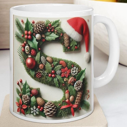 Personalised 's' edition christmas mug - unique gift for xmas - stocking filler - drinkware washable reusable reuse ceramic cup tumbler coff