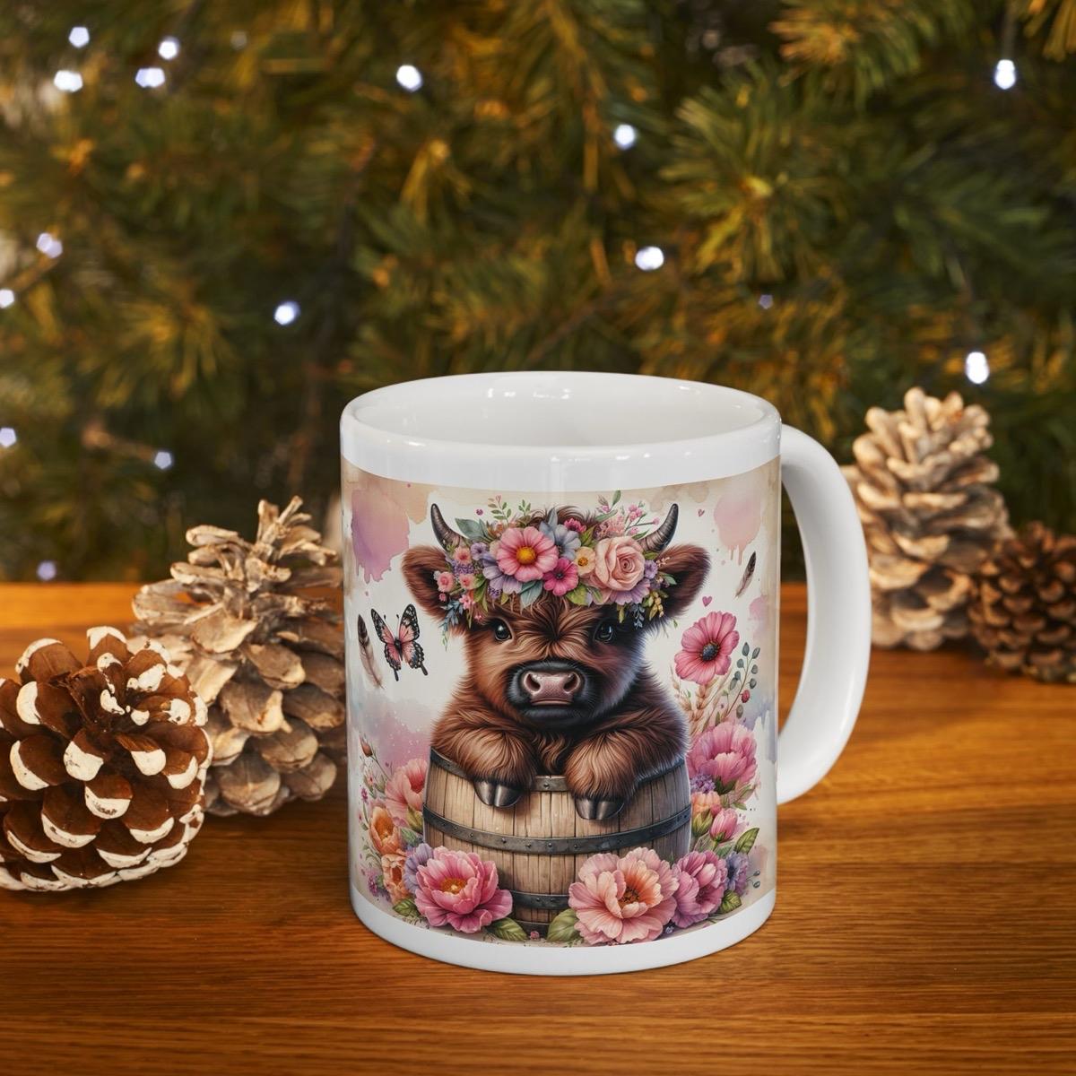 Cute flowery highland cow in barrel 3d mug - perfect for your morning drinks - drinkware, tumblers washable reusable coffee cup ceramic reus