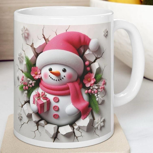 Christmas pink snowman 3d mug - festive drinkware for the holidays - cup tumblers reusable washable reuse ceramic coffee xmas mugs tea class