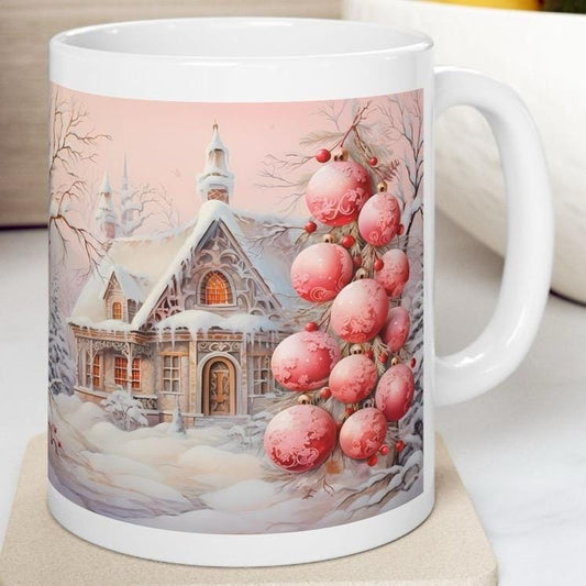 Pink winter village cottage house mug - christmas secret santa stocking filler gift drinkware washable tumbler reuse reusable cup ceramic co