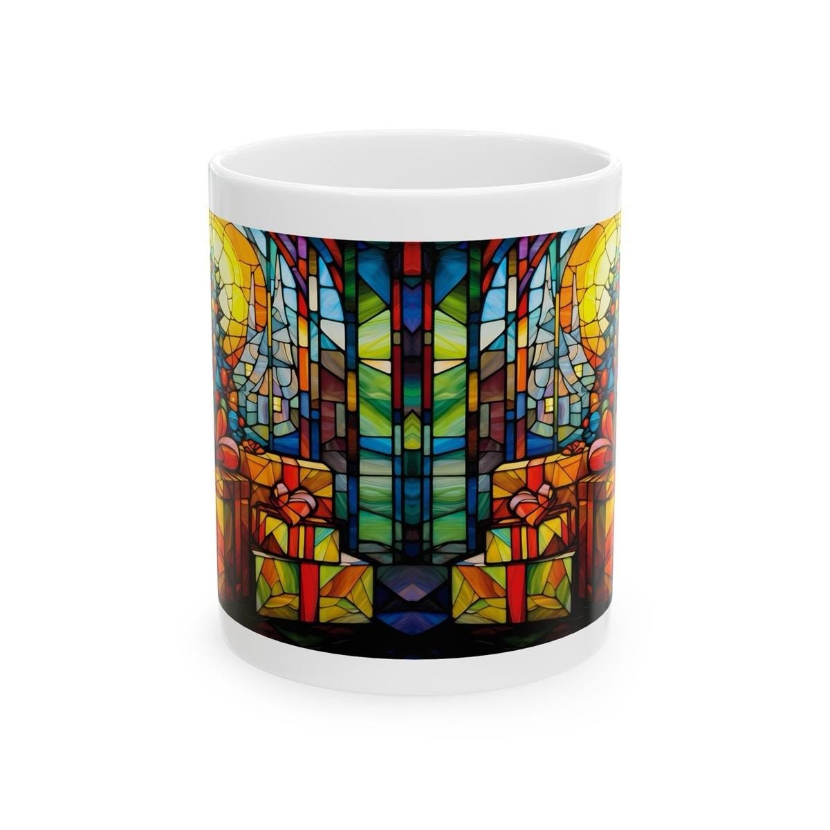 Stained glass christmas mug - secret santa stocking filler gift - drinkware tumbler cup reusable reuse washable ceramic coffee xmas mugs tea