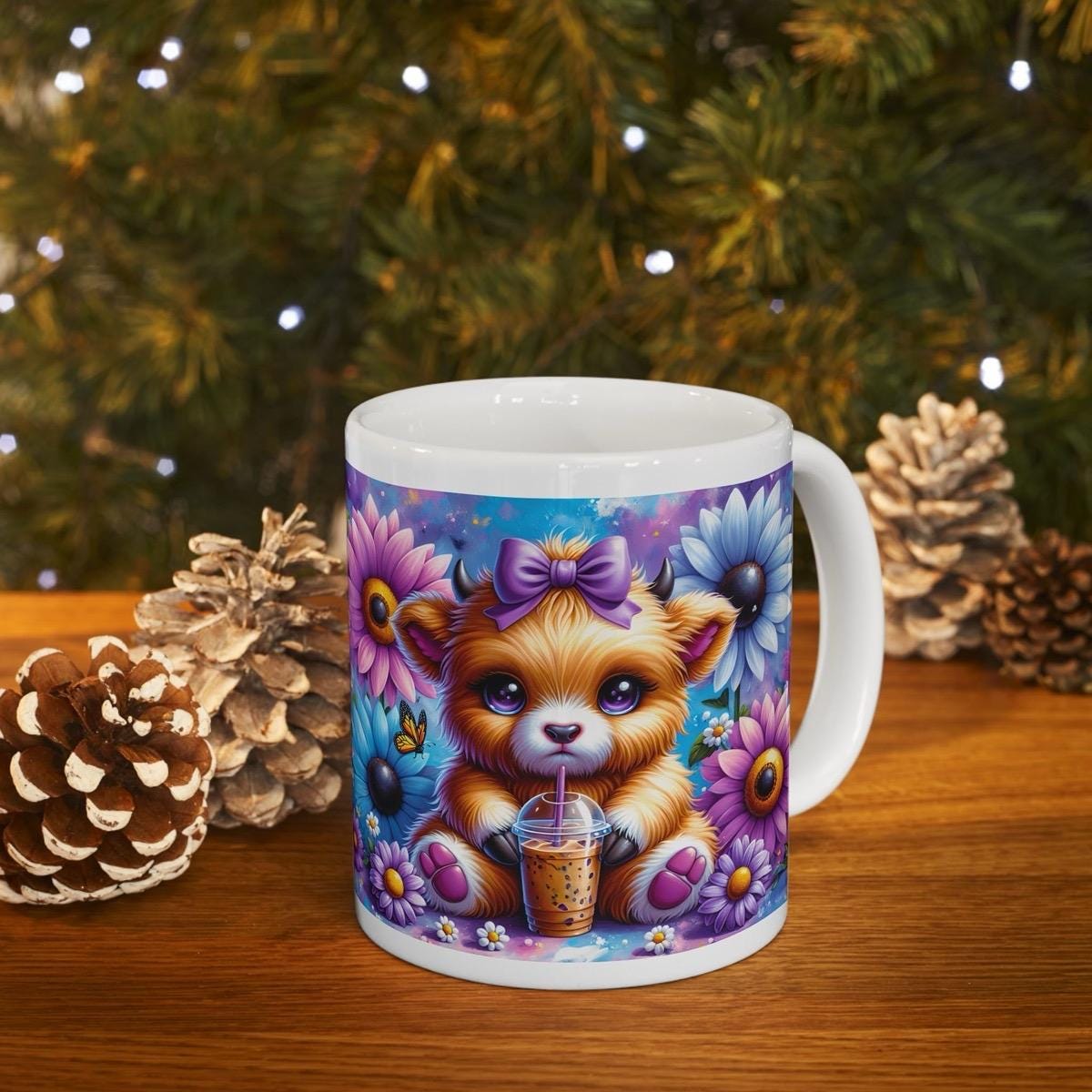 Cute highland cow  drinking iced coffee 3d mug - perfect for your morning drinks - drinkware, tumblers cup washable reusable reuse ceramic x