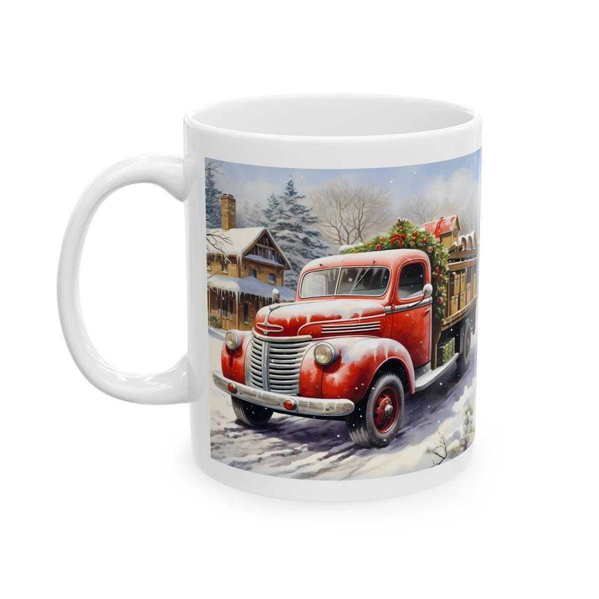 Retro red truck christmas mug - perfect secret santa gift for stocking fillers drinkware reusable reuse washable tumbler ceramic cup xmas mu