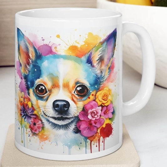 Chihuahua floral art mug for coffee and tea - perfect christmas or birthday gift - cup, drinkware washable reusable tumbler reuse ceramic fe