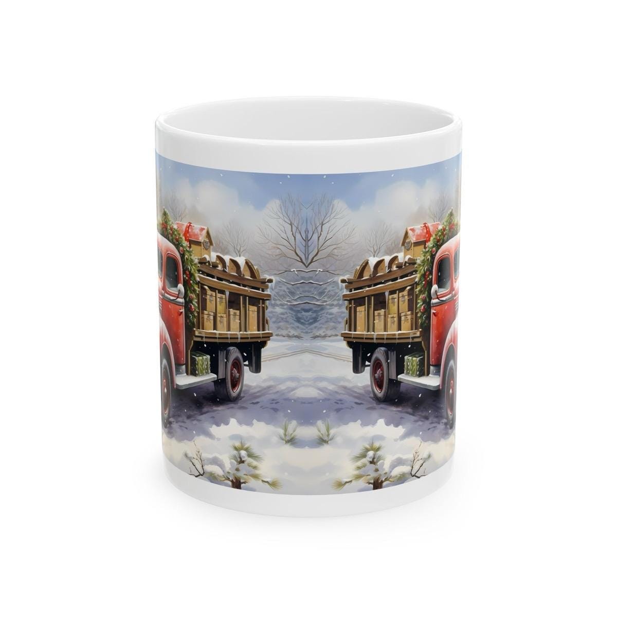 Retro red truck christmas mug - perfect secret santa gift for stocking fillers drinkware reusable reuse washable tumbler ceramic cup xmas mu
