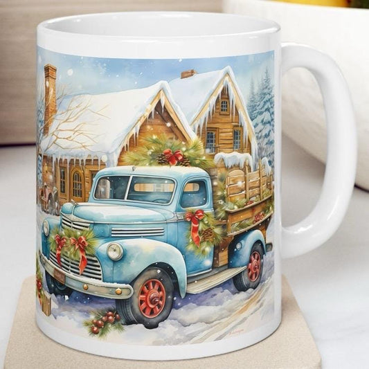 Blue retro truck christmas mug - perfect secret santa gift or stocking filler drinkware reusable reuse tumbler washable ceramic cup xmas mug