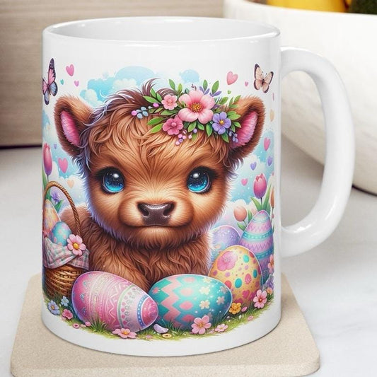 Easter highland cow mug - cute gift - perfect for hot drinks - drinkware, tumblers cup bottles reusable washable portable reuse ceramic coff
