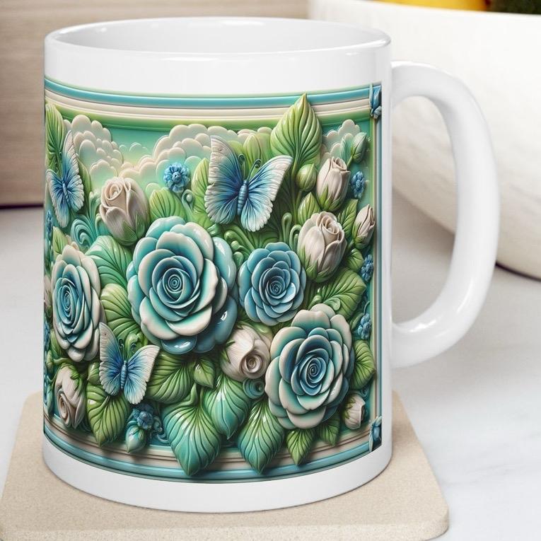 Roses and butterflies 3d mug - perfect for coffee and tea - drinkware, cup tumblers bottles reusable washable xmas mugs festive cute girly