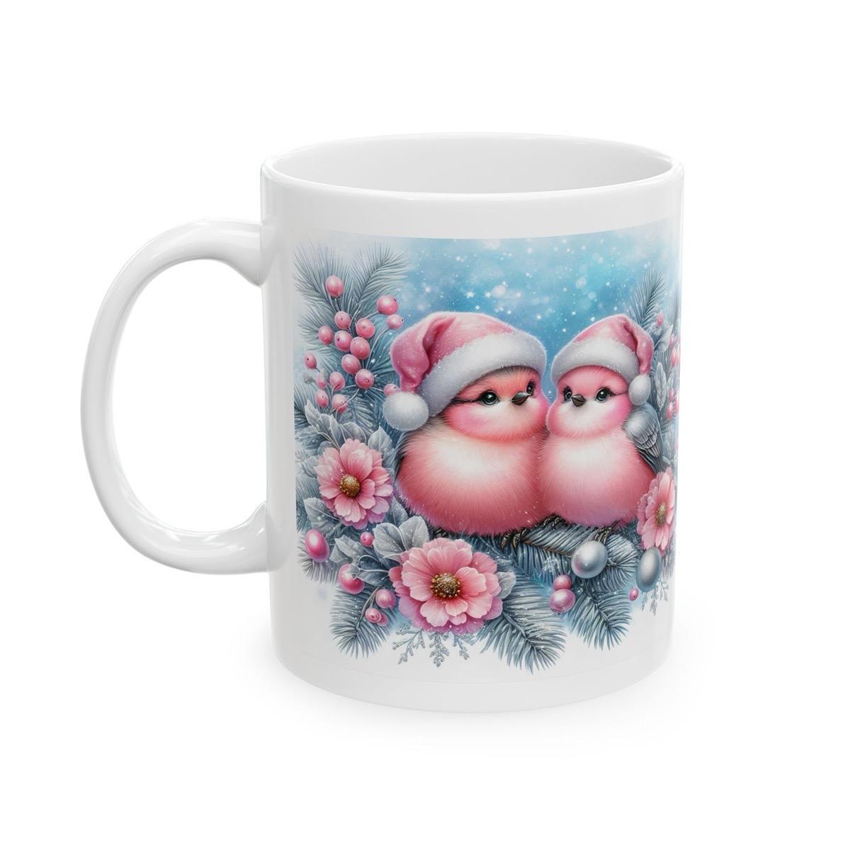 Pink christmas birds mug - perfect for winter season - drinkware, tumblers cup reusable washable reuse ceramic coffee xmas mugs tea festive