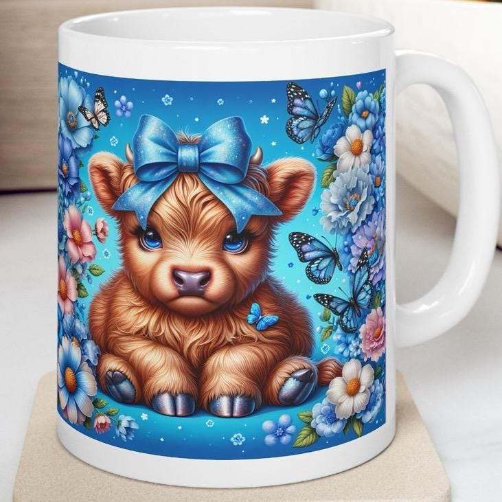 Cute highland cow in blue garden 3d mug - perfect for your morning drinks - drinkware, tumblers washable cup reusable coffee reuse ceramic x