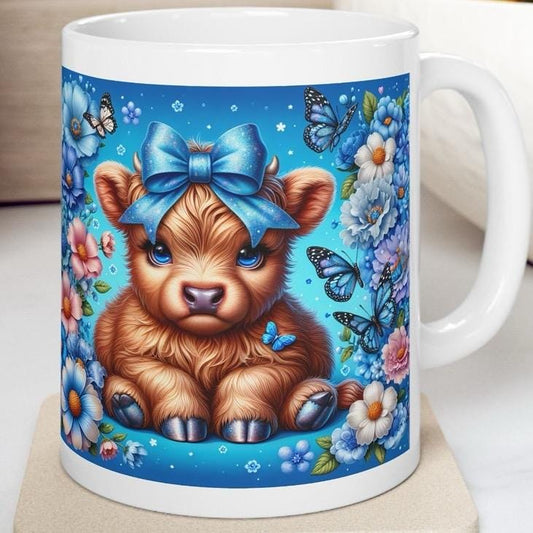 Cute highland cow in blue garden 3d mug - perfect for your morning drinks - drinkware, tumblers washable cup reusable coffee reuse ceramic x