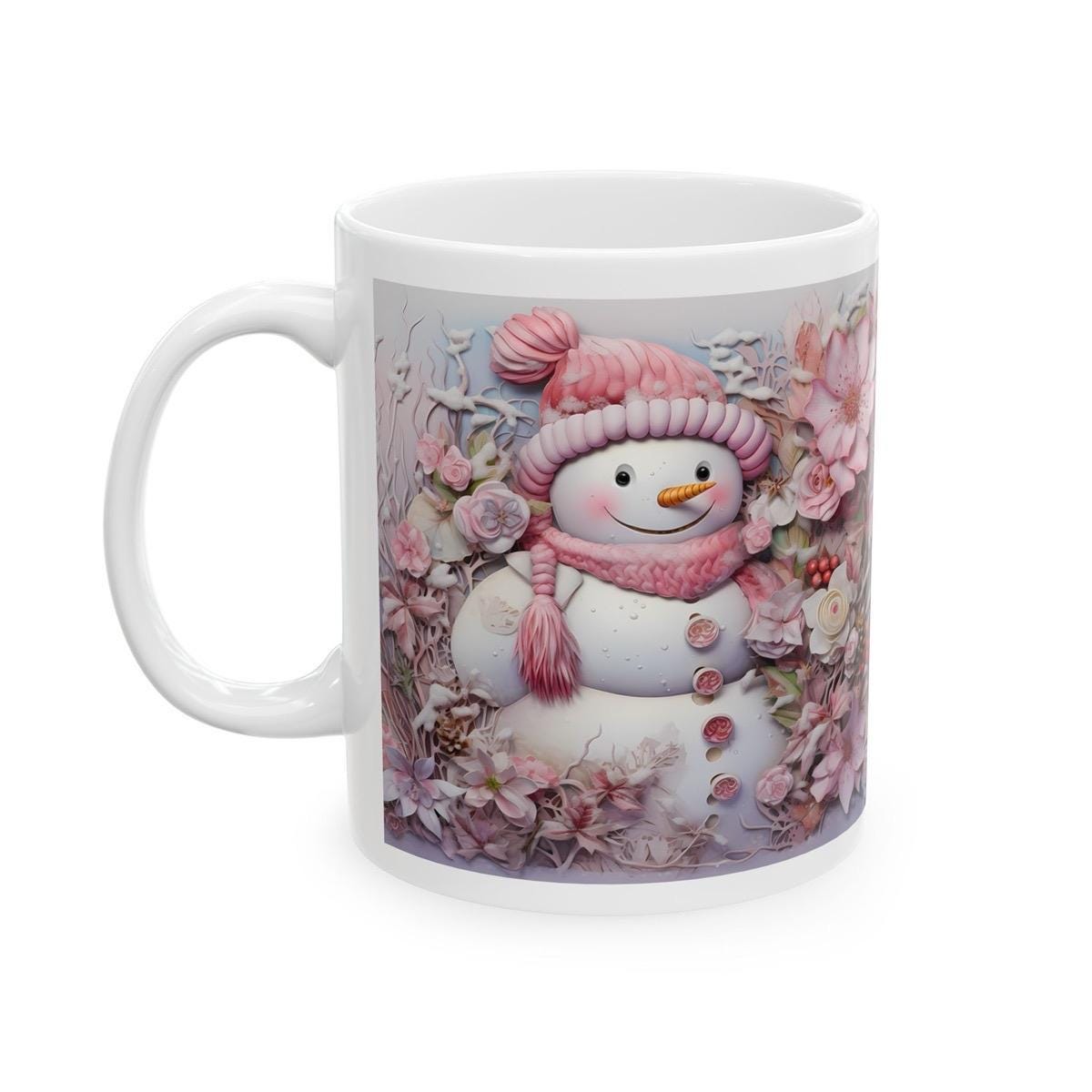 Pink 3d snowman mug - perfect christmas stocking filler gift - gifts drinkware tumbler reusable cup washable ceramic reuse coffee xmas mugs