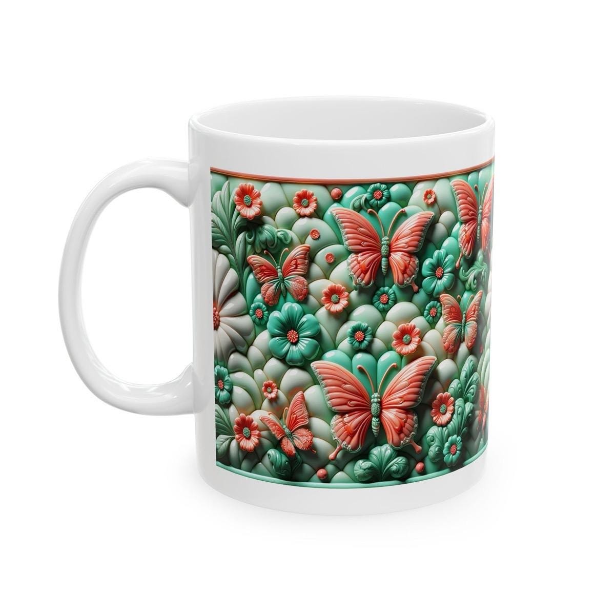 Teal corral butterfly flower 3d mug - perfect for your morning drinks - drinkware tumbler cup reuse reusable washable coffee ceramic xmas