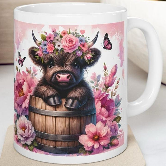 Cute flowery highland cow in barrel 3d mug for drinks - tumblers, drinkware cup washable reusable coffee ceramic reuse xmas mugs tea festive