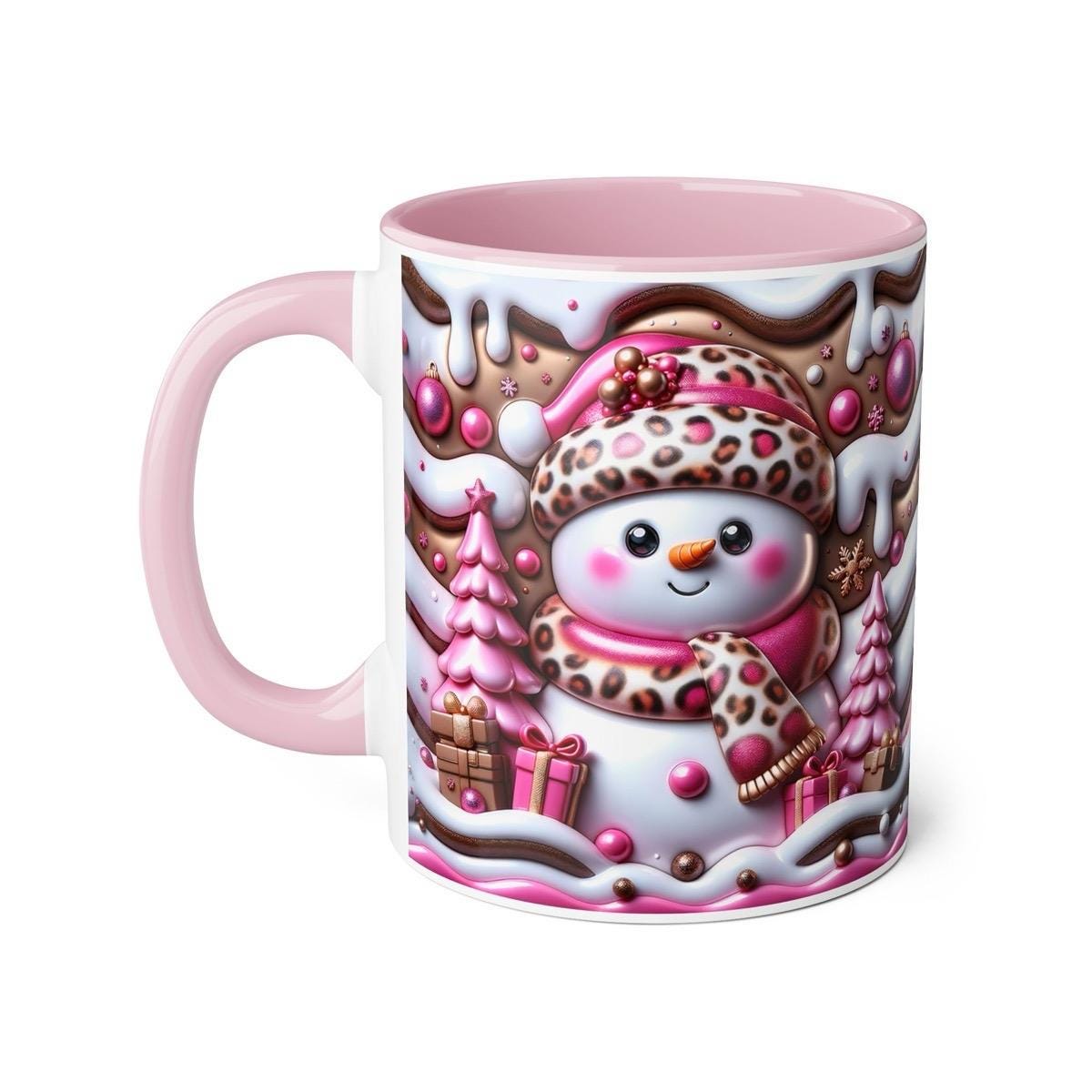 Christmas gift 3d snowman mug with pink interior and handle - perfect for drinks - tumblers, drinkware cup reusable washable reuse coffee ce