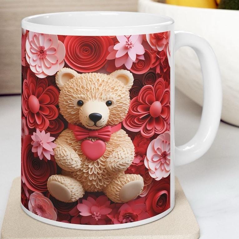 Red floral heart bear 3d style mug - perfect gift for xmas, christmas, valentine's day - secret santa stocking filler - 11 oz - drinkware wa