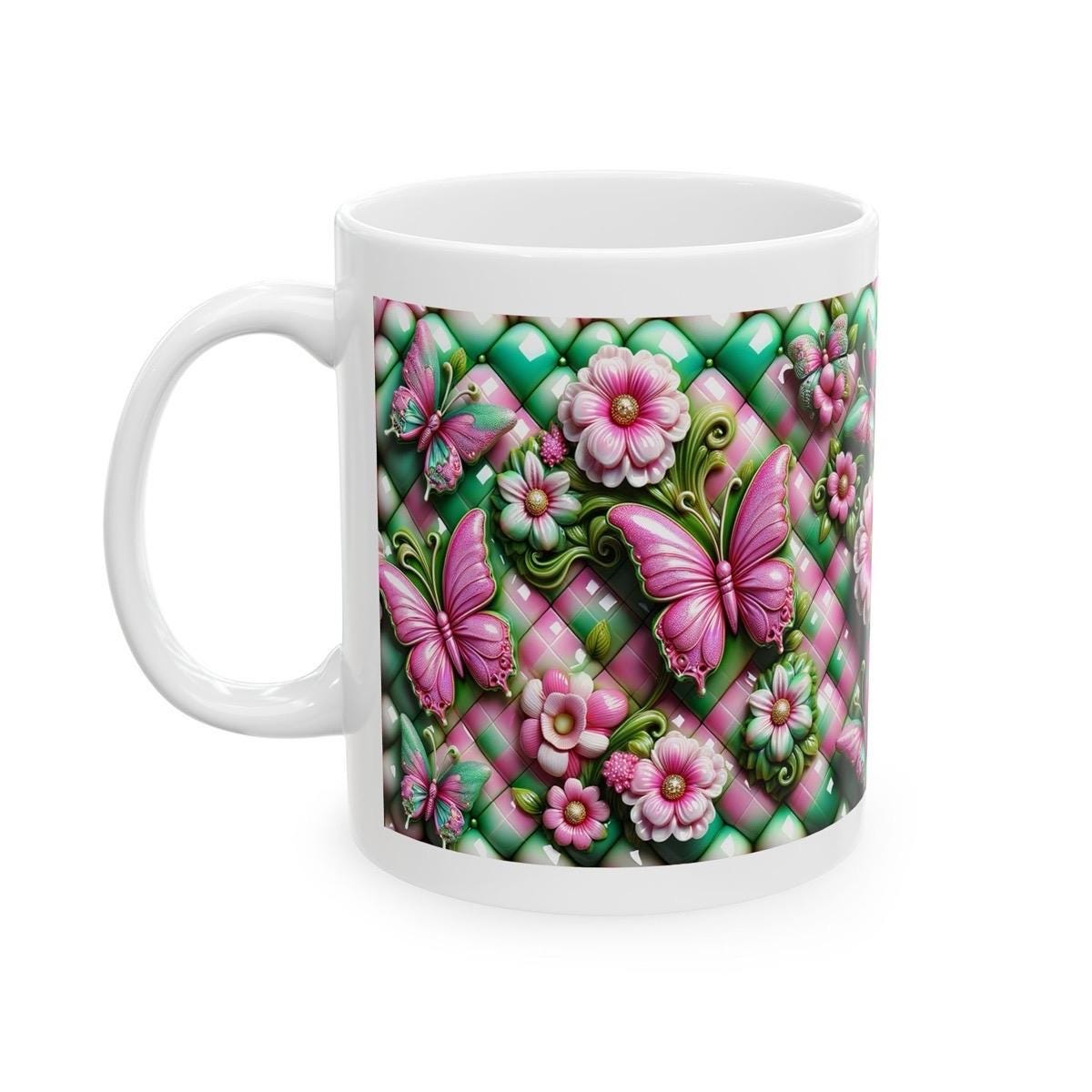 Green pink quilted butterfly flower 3d mug - perfect for drinks - tumblers, drinkware coffee reusable washable cup reuse ceramic xmas mugs t