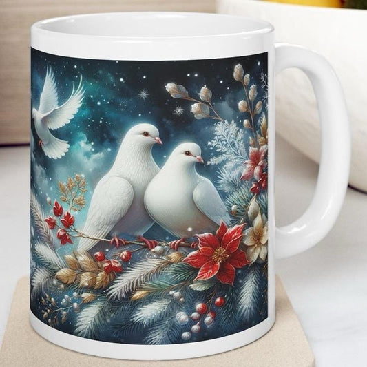 Dove christmas mug - perfect for hot beverages - drinkware, tumblers cup bottles reusable washable ceramic reuse xmas mugs tea festive