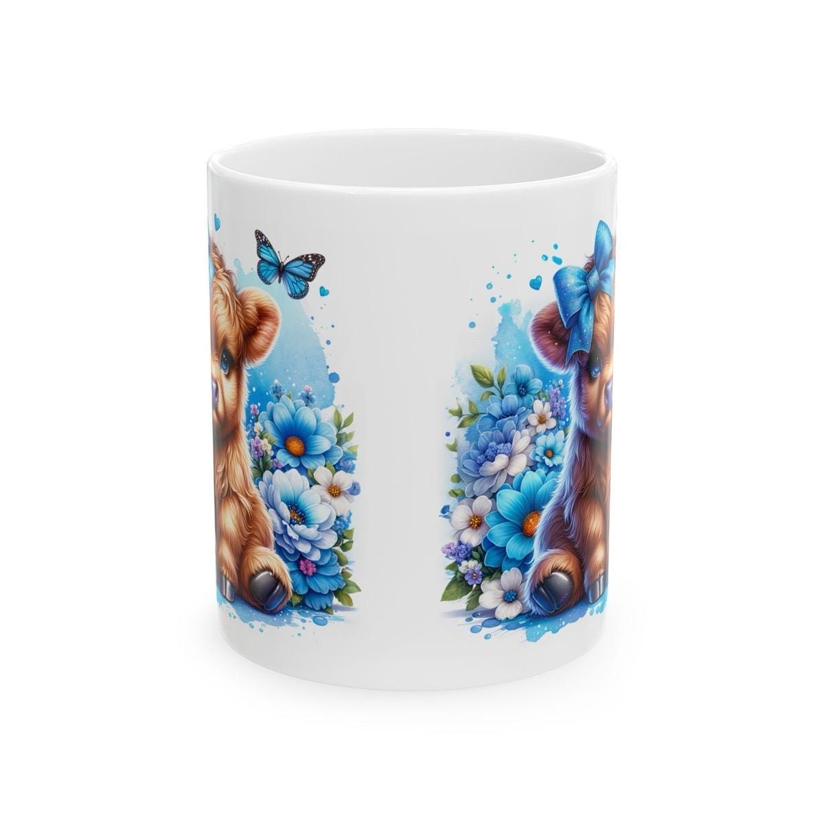 Cute highland cow 3d mug with blue bow in blue garden - perfect for your morning drinks - tumblers, drinkware washable cup reusable ceramic