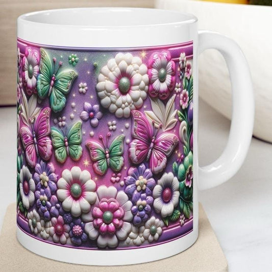 Flowers and butterflies 3d pink mug - perfect for your morning drinks - tumblers, drinkware reusable washable cup reuse coffee ceramic xmas