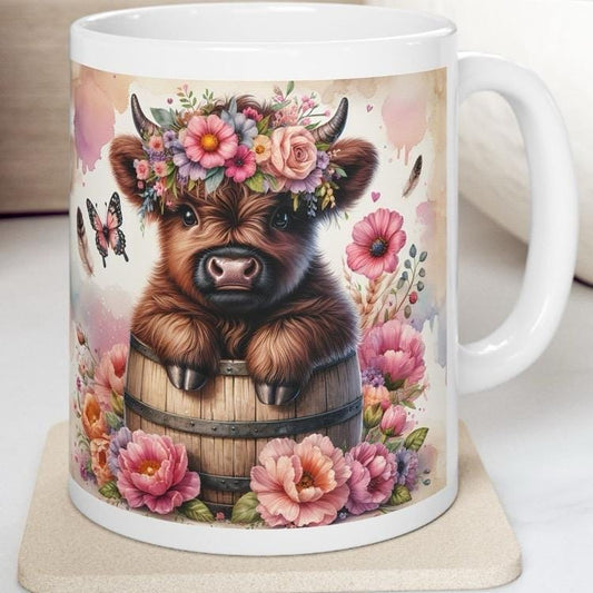 Cute flowery highland cow in barrel 3d mug - perfect for your morning drinks - drinkware, tumblers washable reusable coffee cup ceramic reus