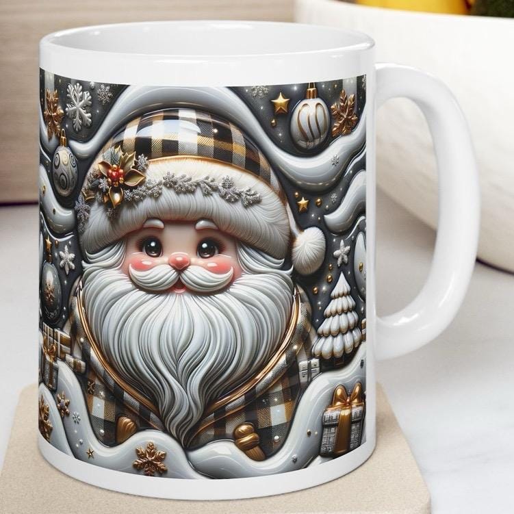 3d festive santa mug - cozy holiday design with gold and gray accents - perfect christmas gift - drinkware reuse reusable washable coffee cu