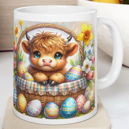 Easter highland cow mug - cute gift - perfect for hot drinks - drinkware, tumblers cup bottles reusable washable portable reuse ceramic coff