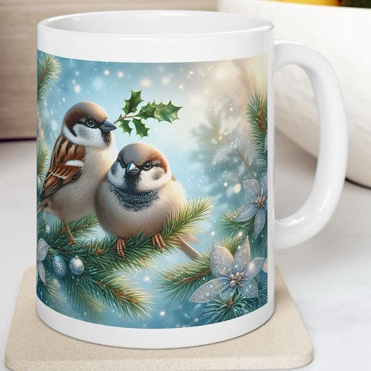 Christmas themed mug with sparrows - perfect for your morning drinks - tumblers, drinkware cup ceramic reusable bottles coffee reuse washabl