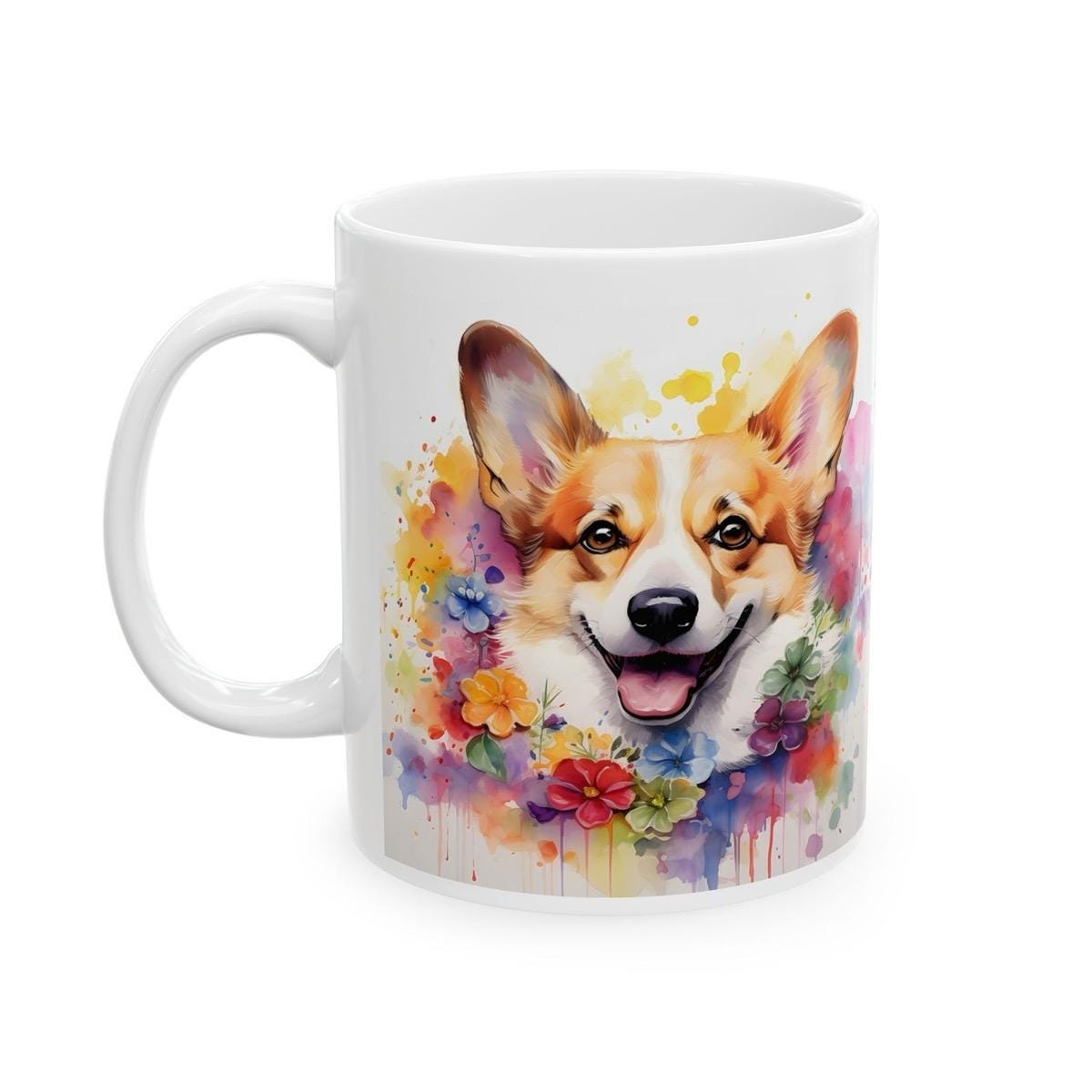 Corgi dog floral art mug for coffee and tea, perfect christmas or birthday gift puppy drinkware tumbler cup washable ceramic reusable reuse