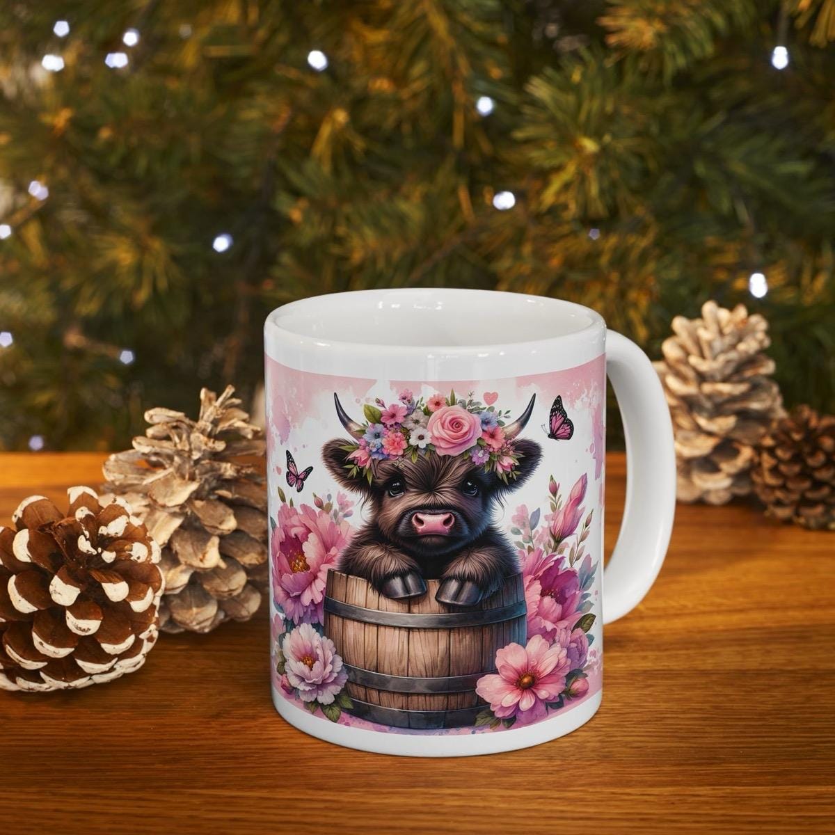 Cute flowery highland cow in barrel 3d mug for drinks - tumblers, drinkware cup washable reusable coffee ceramic reuse xmas mugs tea festive